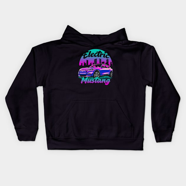 Pink Retro Electric Mustang Cityscape Kids Hoodie by zealology